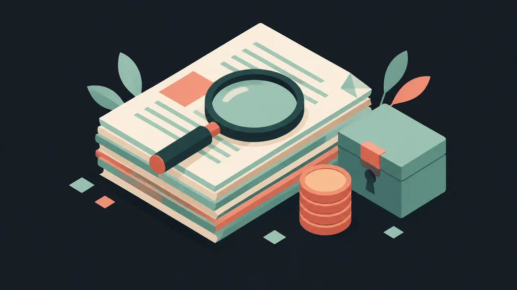 Isometric scene of papers, magnifying glass, lock, and coins