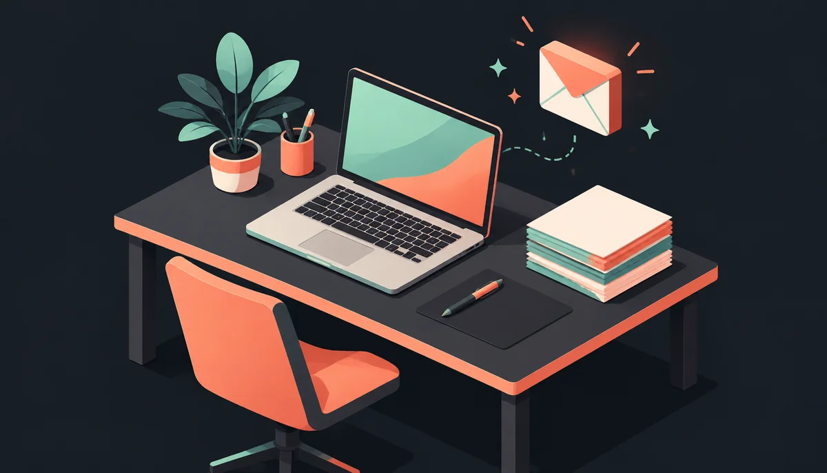 Isometric desk with laptop and papers for contact
