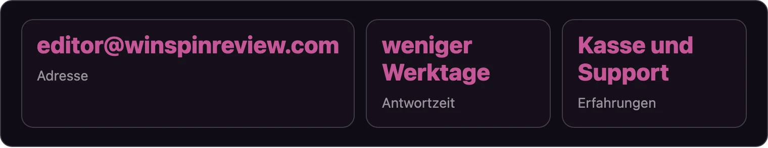 Drei Kacheln zu Adresse, Antwortzeit und Erfahrungen der Redaktion