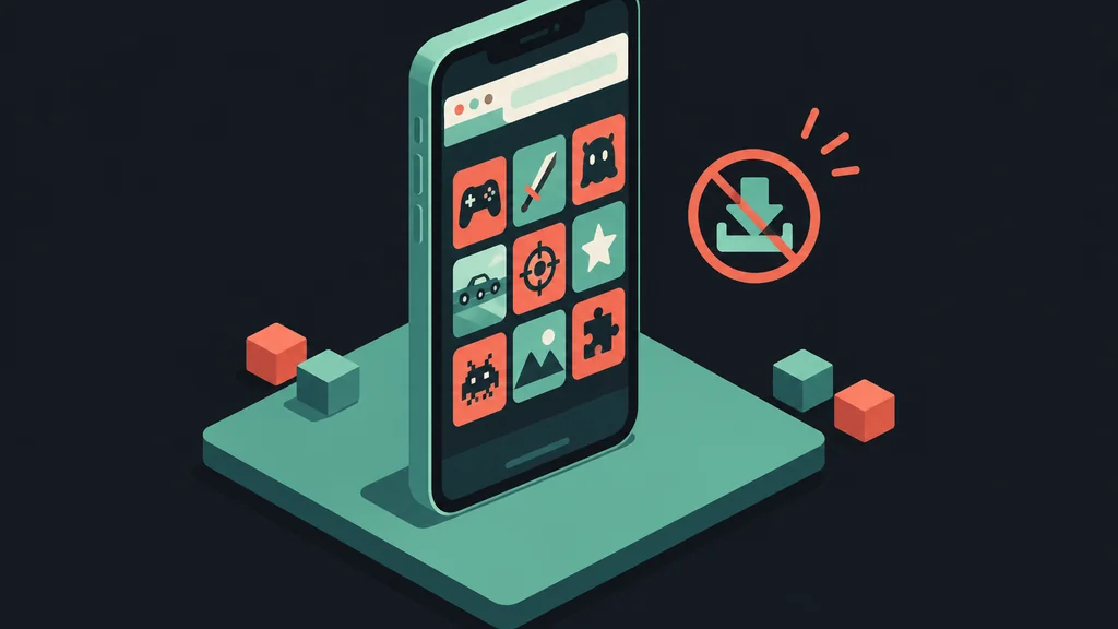 Smartphone mit Browser Spielkacheln und durchgestrichenem Download Pfeil
