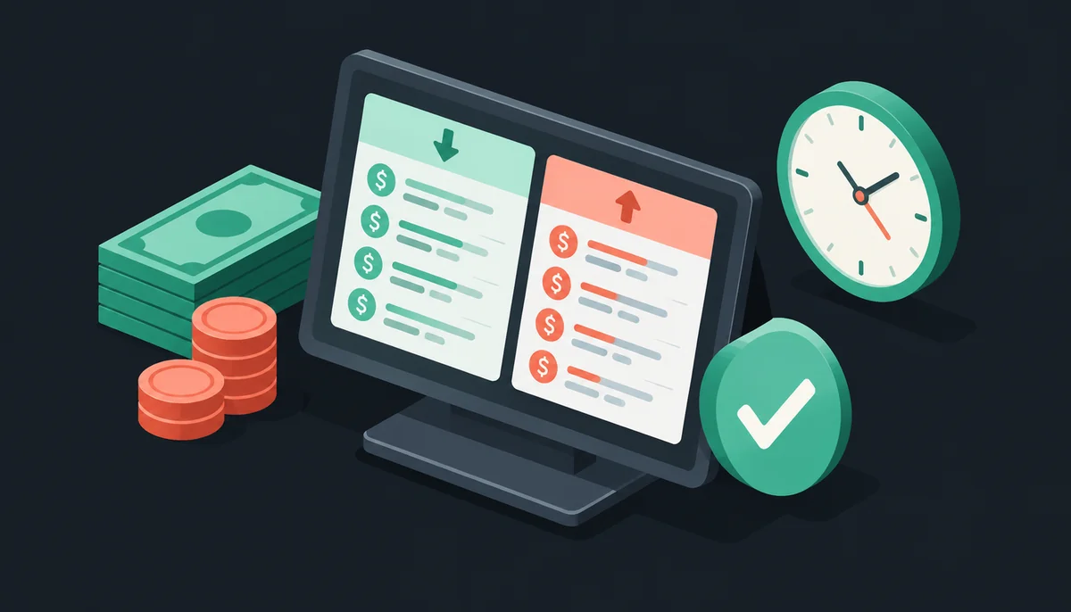 Isometric cashier screen with deposit and withdrawal lists