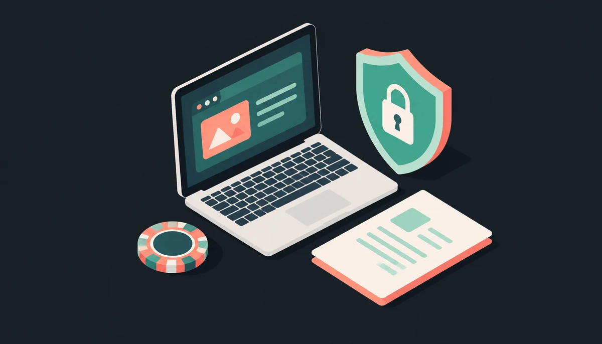 Isometric laptop, shield, document and casino chip